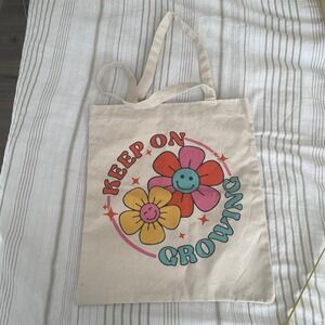 Reusable Canvas Tote Bag‎ Keep On Growing Flower Smiley Face Shopper Y2K Retro